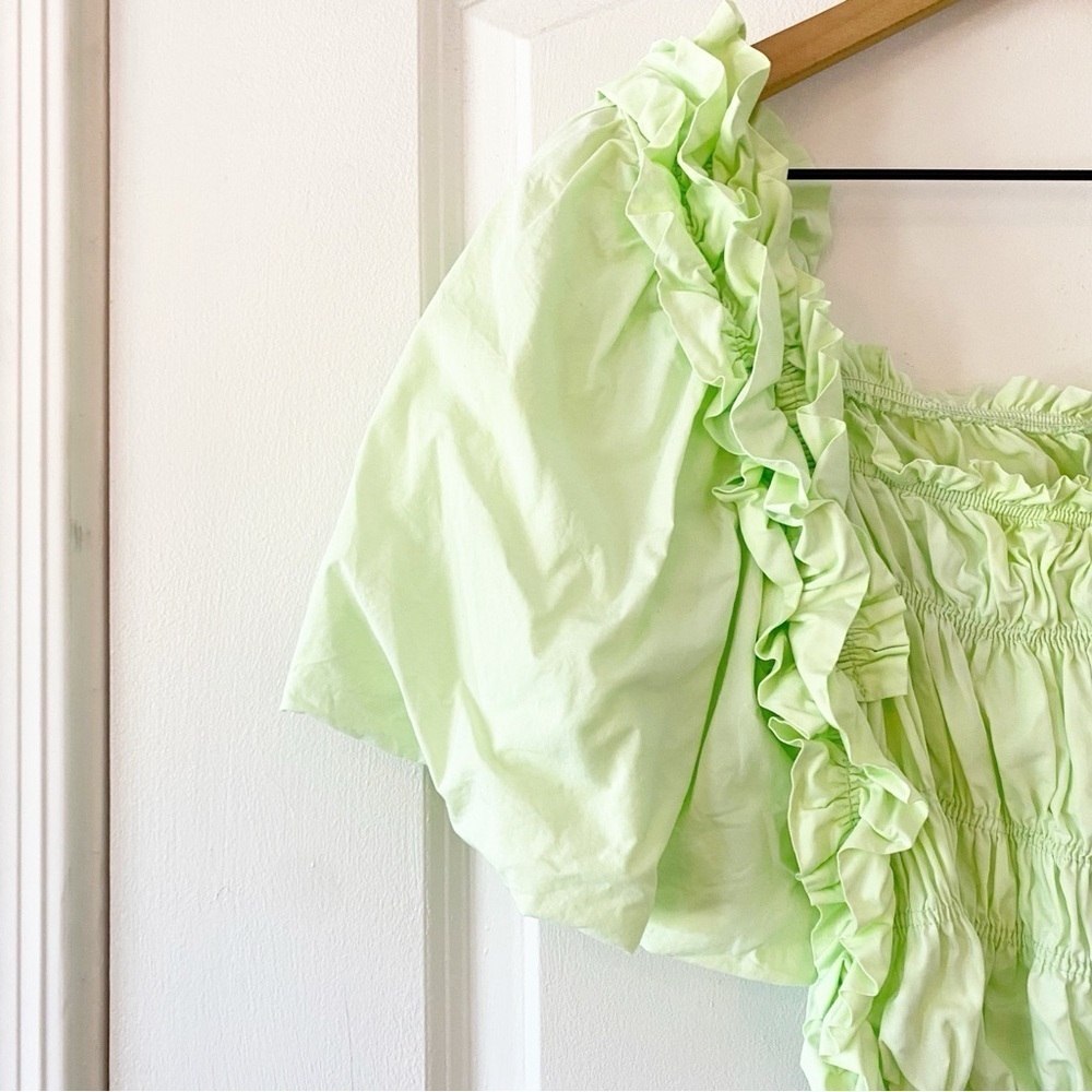 ZARA Lime Green Voluminous Poplin Ruched Crop Top - Picture 9 of 12